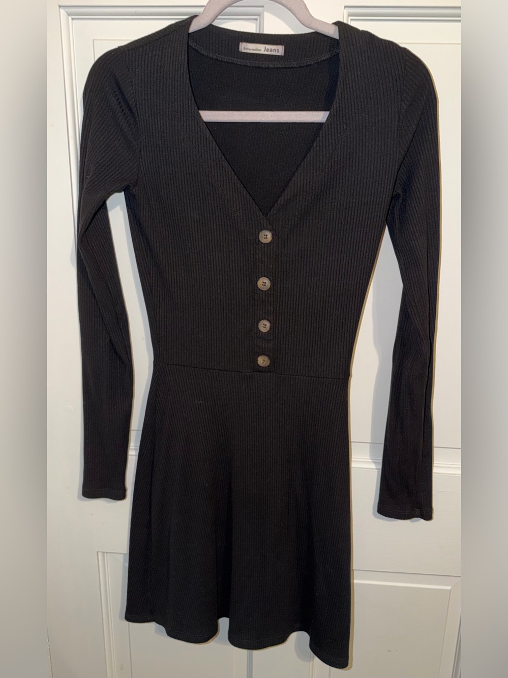 Reformation Black Ribbed V-Neck Button-Front Long Sleeve Dress